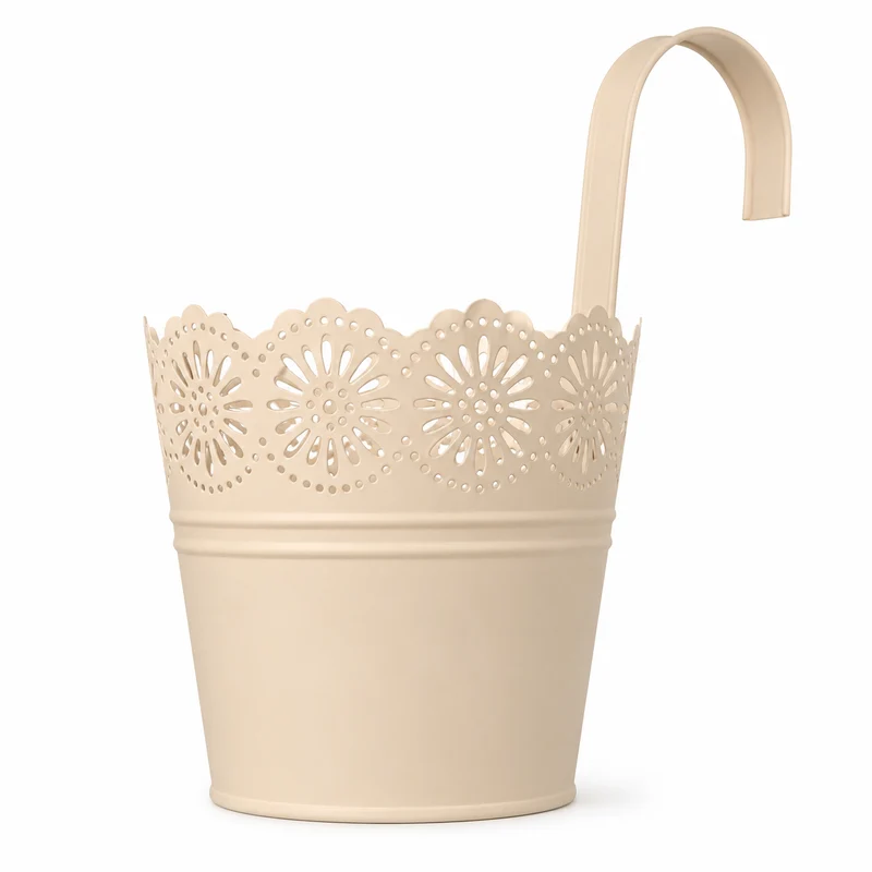 Fioriera pensile in zinco opaco con bordo traforato e gancio – arancio e terracotta