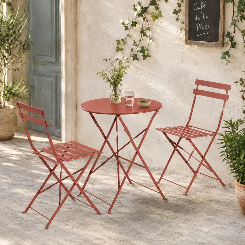 Set bistrot da giardino pieghevole in acciaio color terracotta – Austin
