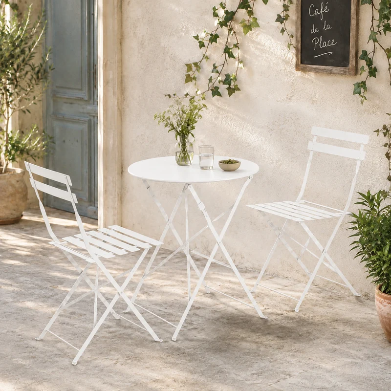Set bistrot da giardino pieghevole in acciaio bianco – Austin