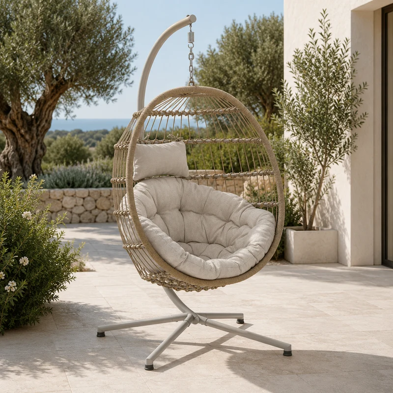 Poltrona sospesa da giardino in rattan con cuscini beige – Marta