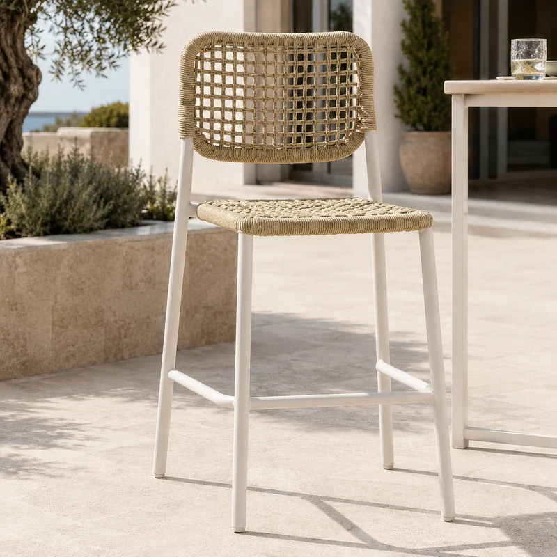 Sgabello bar da giardino in alluminio e corda PE naturale – Simon