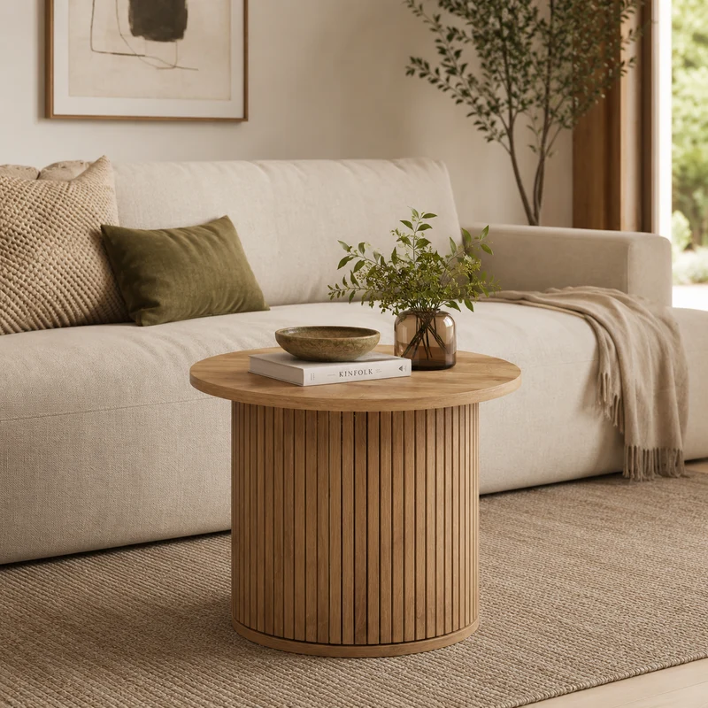 Tavolino rotondo alto con base a listelli effetto legno Ø45 cm – Colva