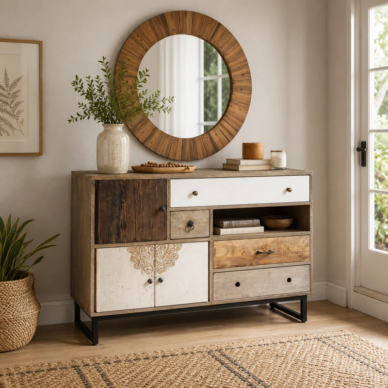 Credenza in legno di mango con 4 cassetti e 3 ante bianco naturale – Koval
