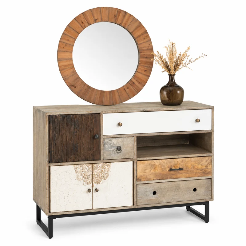Credenza in legno di mango con 4 cassetti e 3 ante bianco naturale – Koval