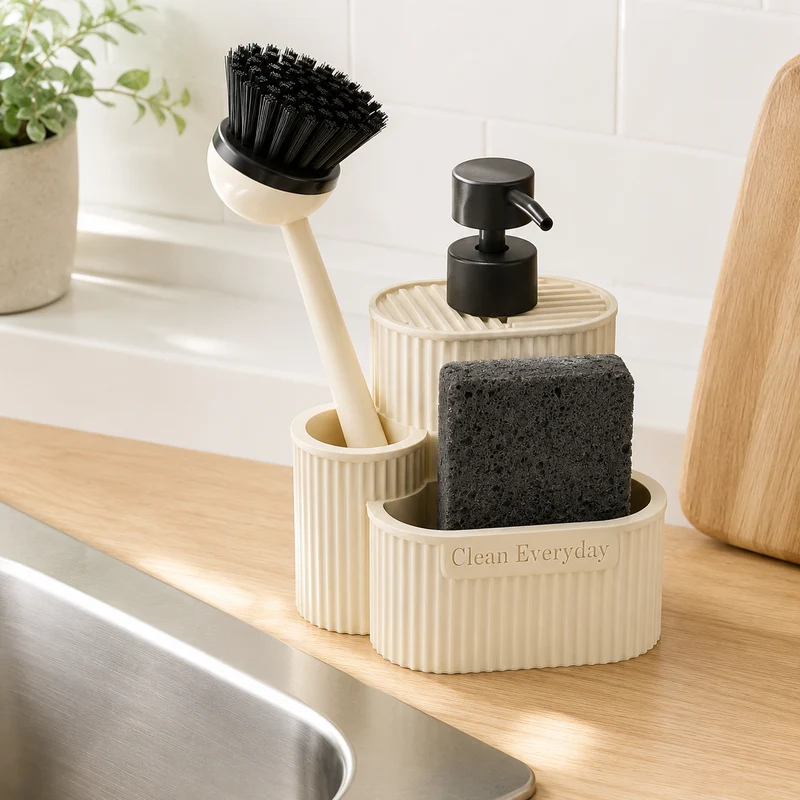Dispenser sapone con spugna e spazzola in poliresina beige 400 ml – Terra Set