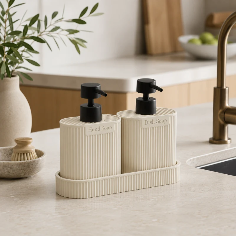 Set 2 dispenser sapone con vassoio in poliresina beige 375 ml – Terra Duo