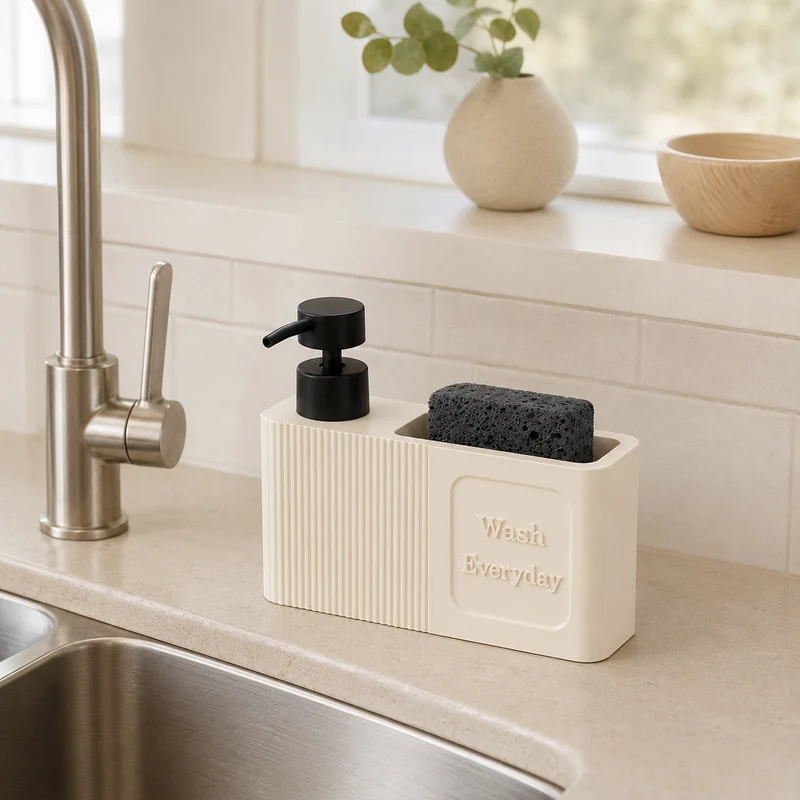 Dispenser sapone con porta spugna in resina beige 250 ml – Terra