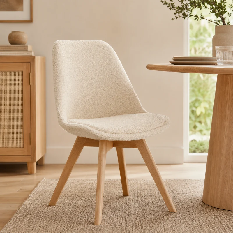 Sedia da pranzo imbottita in bouclé bianco con gambe in faggio – Baya