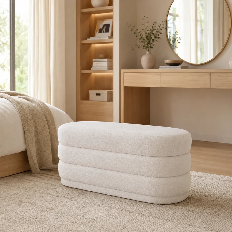 Panca imbottita in tessuto bouclé bianco 100x40 cm – Sinan
