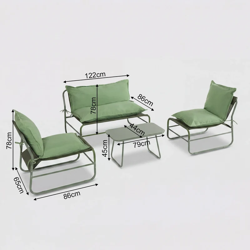 Leran - Set Salotto da giardino 4 posti con tavolo in vetro verde