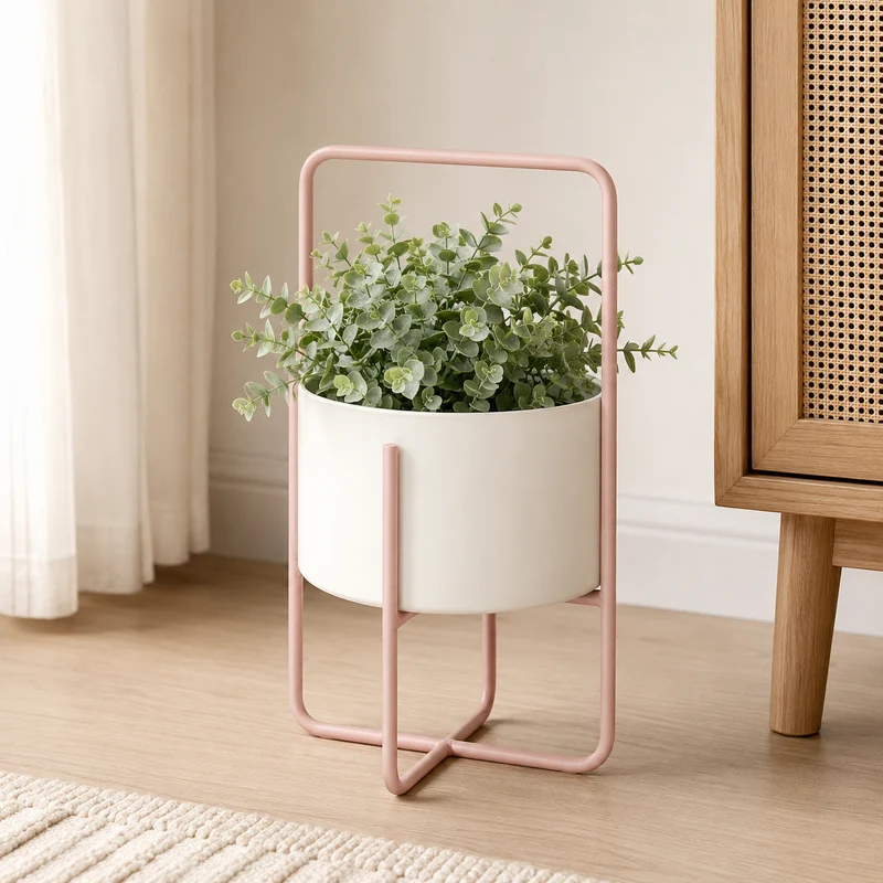 Fioriera da interno con supporto in ferro rosa chiaro – Shandy