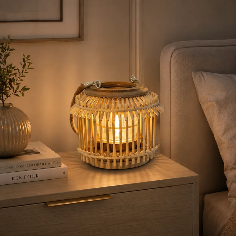 Lanterna decorativa rotonda in bamboo naturale intrecciato – Boho