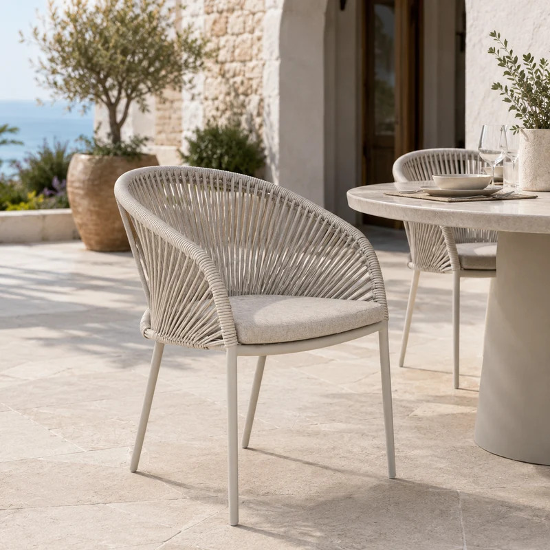 Poltrona da giardino impilabile con intreccio rattan e cuscino color clay – Oryon