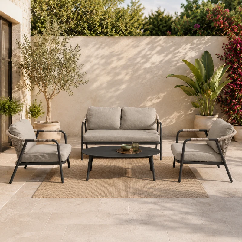 Salotto da giardino 4 pezzi in alluminio antracite e corda khaki – Miravet