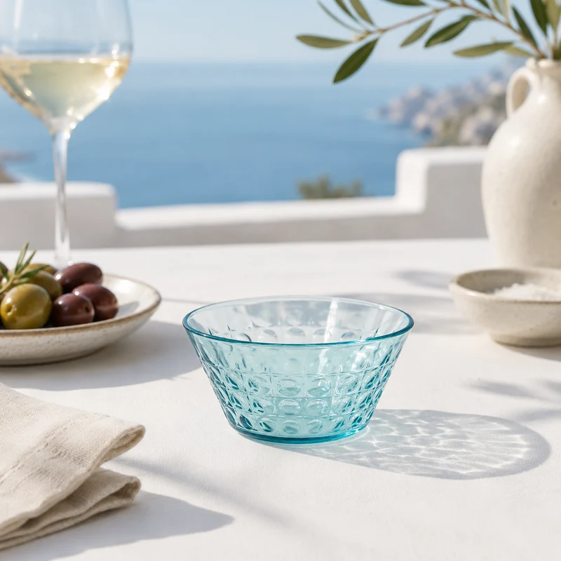 Ciotola tonda in plastica azzurra semitrasparente con texture a bolle – Riviera blue bowl