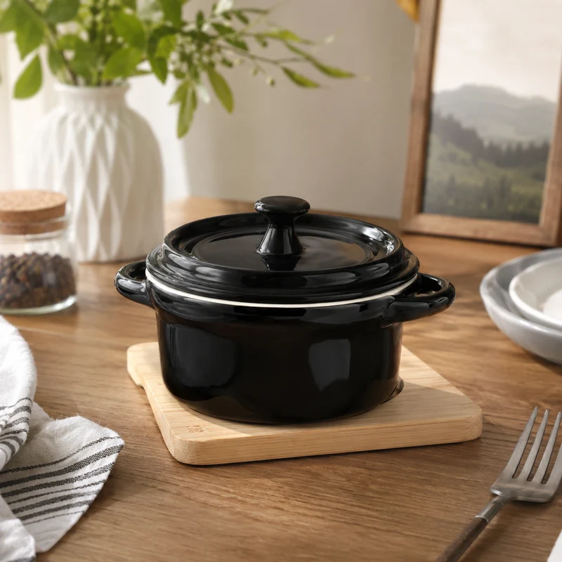 Mini cocotte in ceramica nera con coperchio e supporto bamboo – Tapas