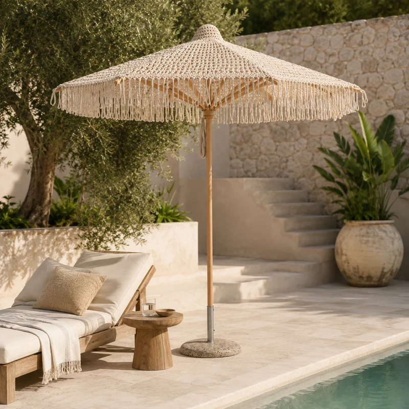 Ombrellone da giardino in cotone macramè con palo in faggio Ø250 cm – Macramè