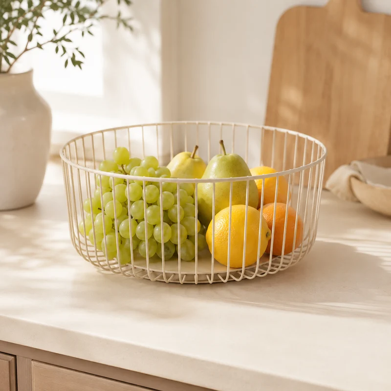 Fruttiera rotonda traforata in metallo beige Ø28,5 cm – Argile