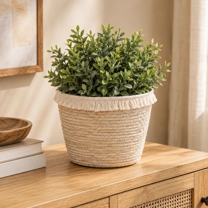 Cesto portaoggetti in fibra naturale intrecciata con frange – Raffia