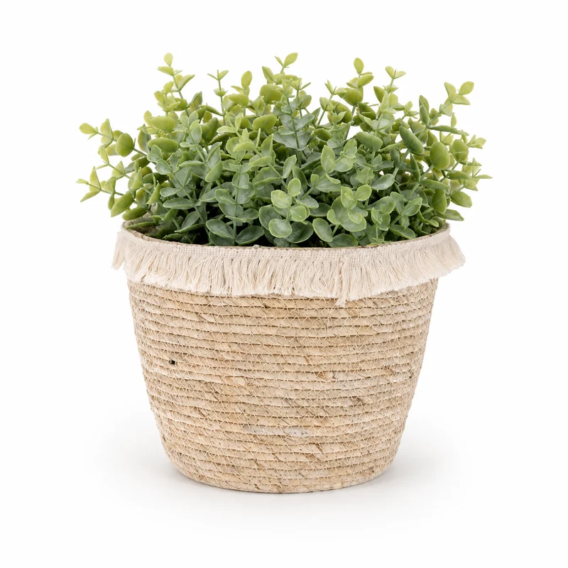 Cesto portaoggetti in fibra naturale intrecciata con frange – Raffia