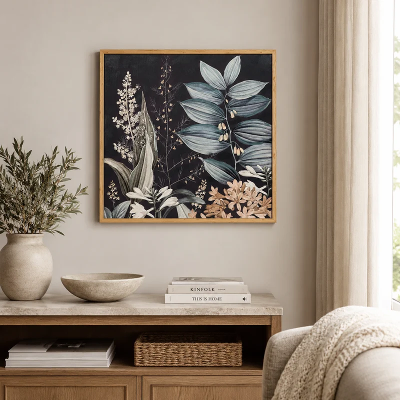 Quadro botanico dipinto a mano su fondo nero con cornice naturale – Hojas