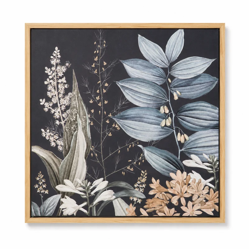 Quadro botanico dipinto a mano su fondo nero con cornice naturale – Hojas