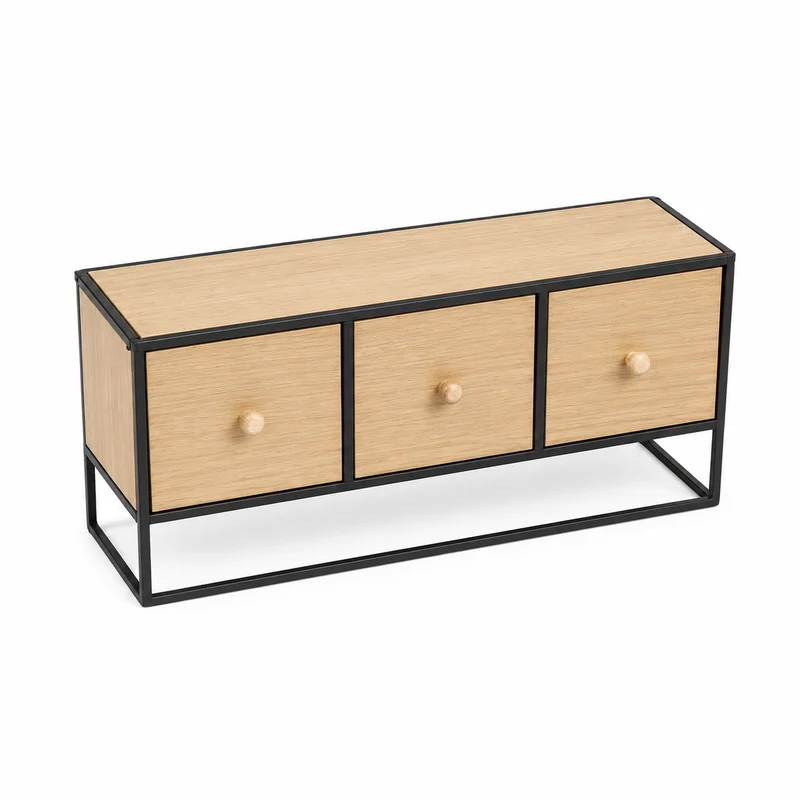 Portatutto da appoggio in legno con 3 cassetti e struttura in metallo nero – Atelier