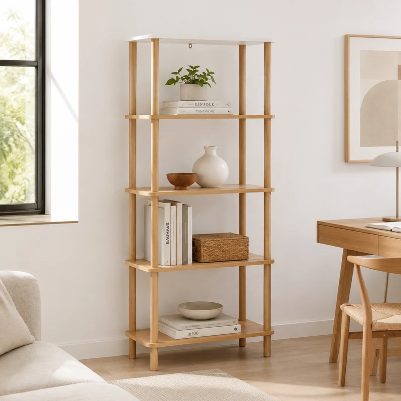 Libreria a 5 ripiani in bamboo naturale e top bianco – Come