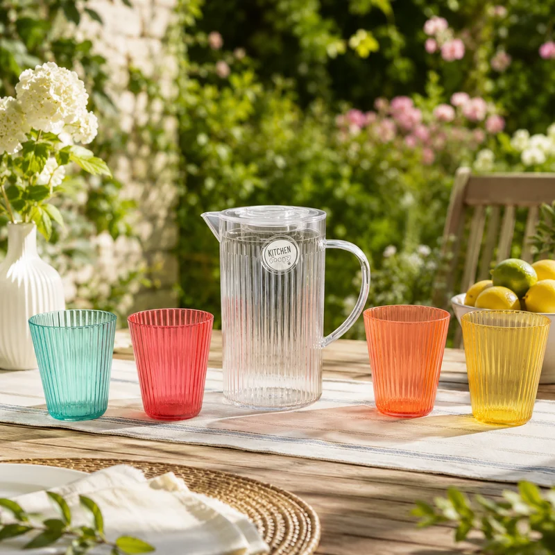 Set brocca e 4 bicchieri colorati in plastica alimentare – Stripe