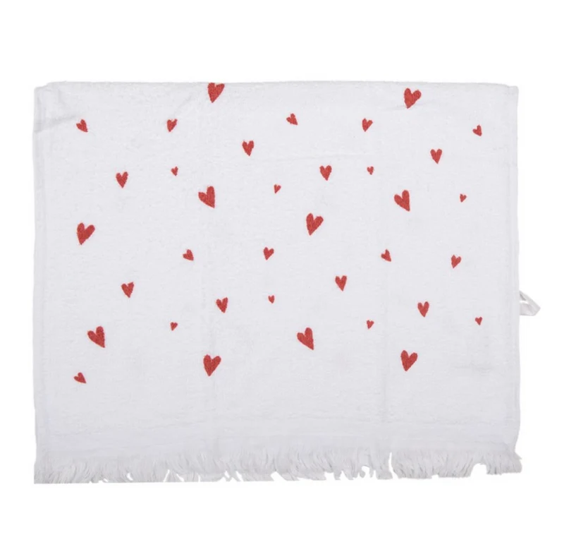 Auguri Love - Sottopentola in legno chiaro + Asciugamano in morbido cotone con cuoricini rossi