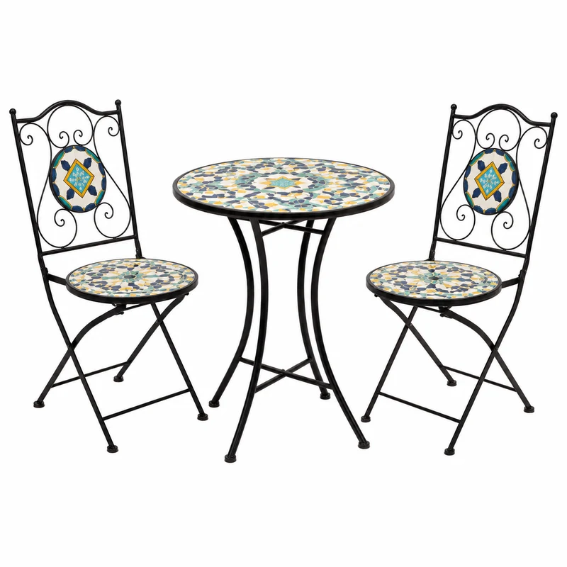 Set tavolo rotondo e 2 sedie pieghevoli in ceramica – Positano