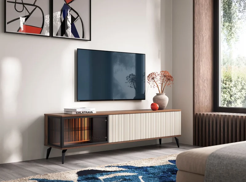 Mobile TV 3 ante con LED integrato cashmere/noce Vika 180x50 cm