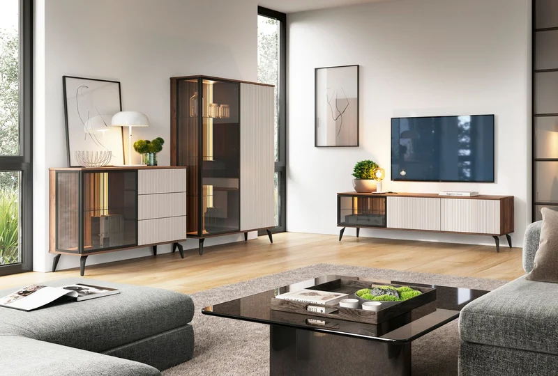Vetrina 2 ante con LED integrato cashmere/noce Vika 103x147 cm