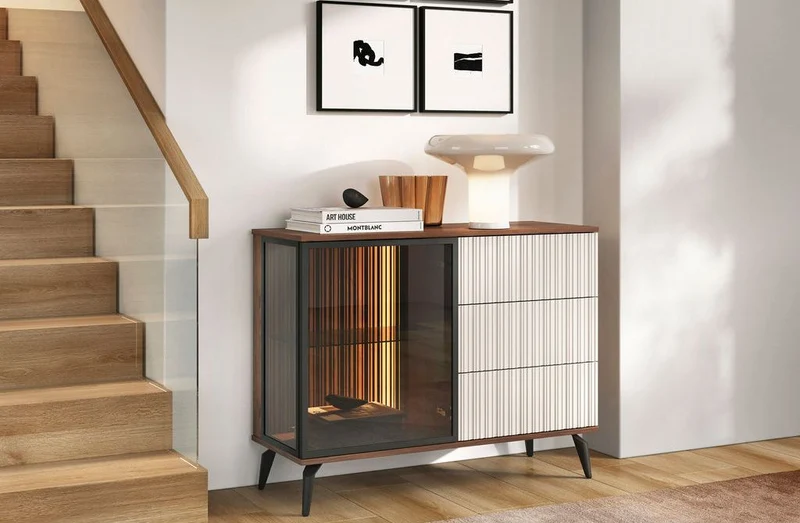 Madia 1 anta 3 cassetti con LED integrato cashmere/noce Vika 103x80 cm