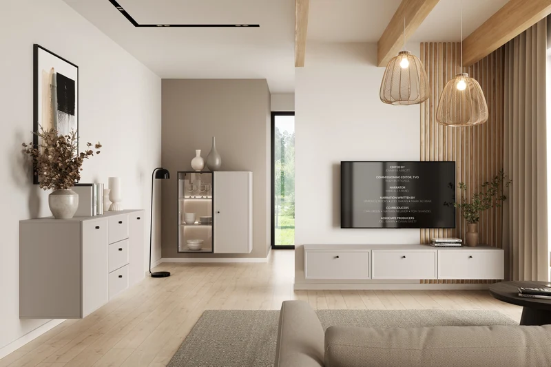 Mobile TV 1 anta 2 cassetti cashmere con maniglie nere Lora 200x45 cm