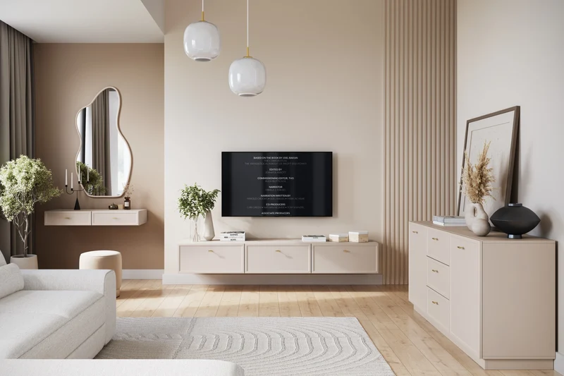 Madia 2 ante 3 cassetti cashmere con maniglie oro Lora 150x45 cm