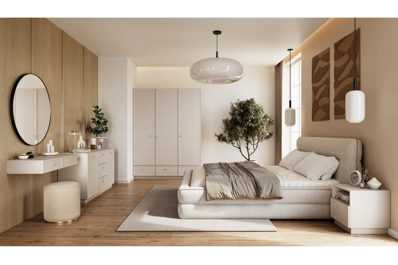 Madia 2 ante 3 cassetti cashmere con maniglie oro Lora 150x45 cm