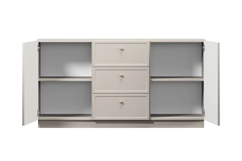 Madia 2 ante 3 cassetti cashmere con maniglie oro Lora 150x45 cm