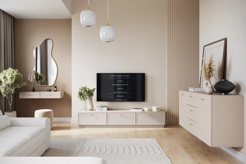 Madia 2 ante 3 cassetti cashmere con maniglie oro Lora 150x45 cm