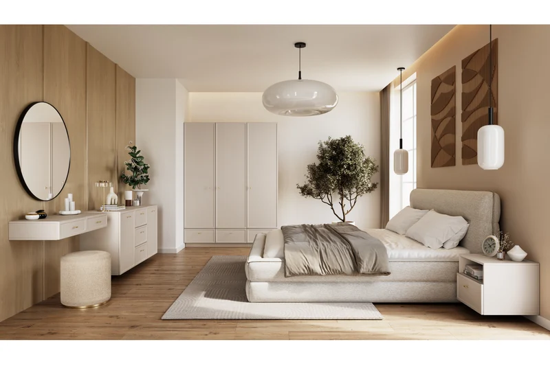 Madia 2 ante 3 cassetti cashmere con maniglie oro Lora 150x45 cm