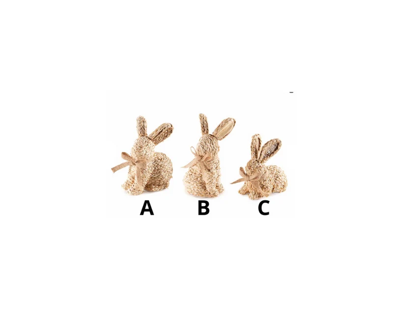 Decorazione coniglietto in fibra vegetale intrecciata con fiocco in juta