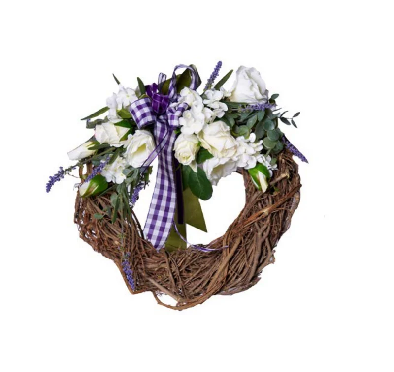 Corona con rami di legno rose bianche e lavanda - 38 cm