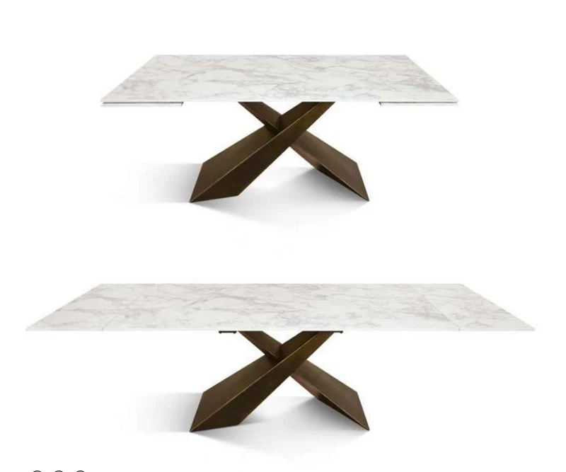 Louis II - Tavolo con top opaco in ceramica bianco arabesco e gambe metallo
