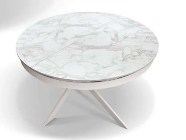 Ringo - Tavolo rotondo allungabile ovale con finitura bianco arabesco e gambe metallo