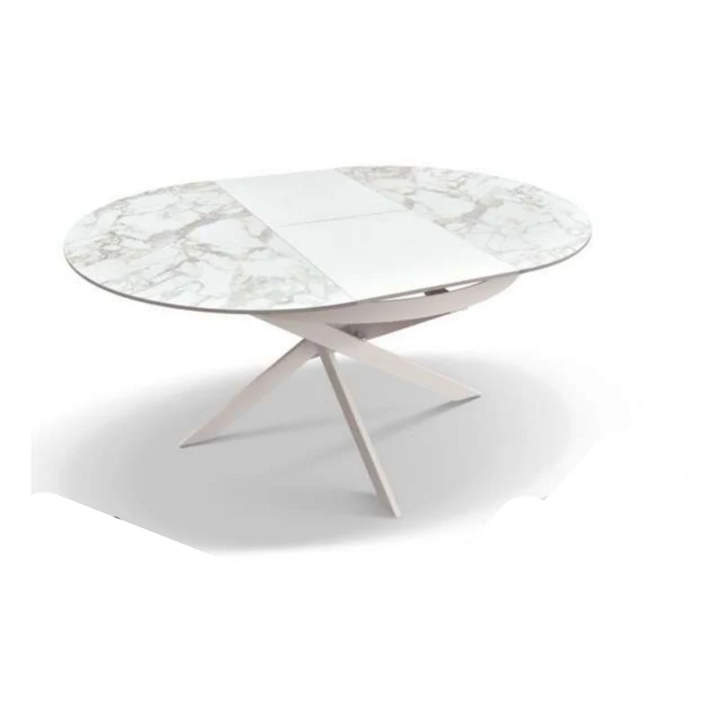 Ringo - Tavolo rotondo allungabile ovale con finitura bianco arabesco e gambe metallo