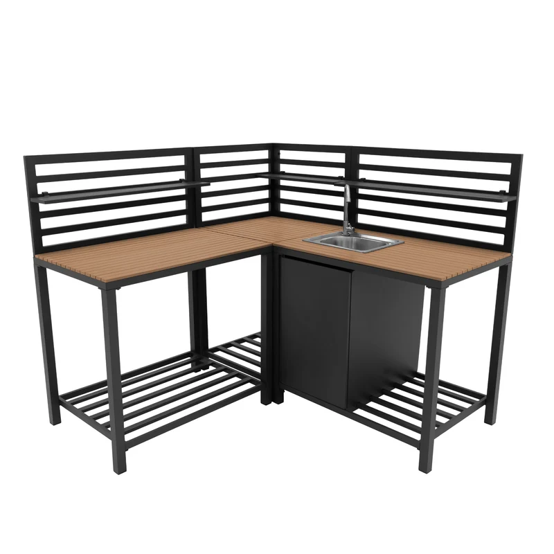 Set Cucina da Esterno 3 Pezzi in Alluminio e Legno con Lavello Modulare