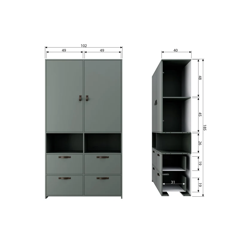 Credenza 2 ante 4 cassetti in legno di pino verde Sally 185x103 cm