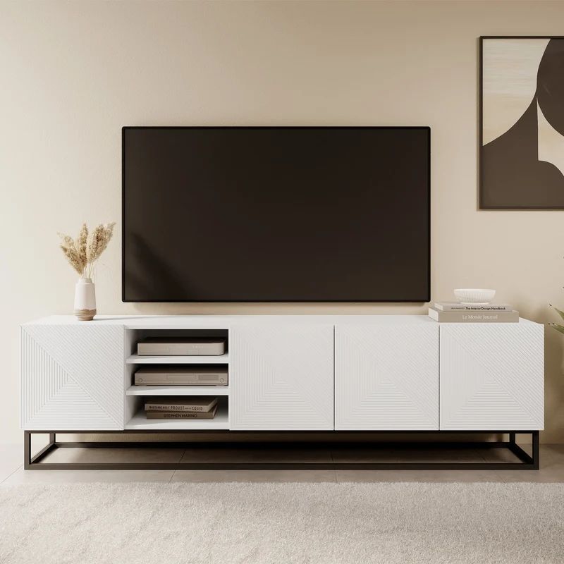 Mobile TV 4 ante in legno laminato con piede in metallo Asha 200x56 cm