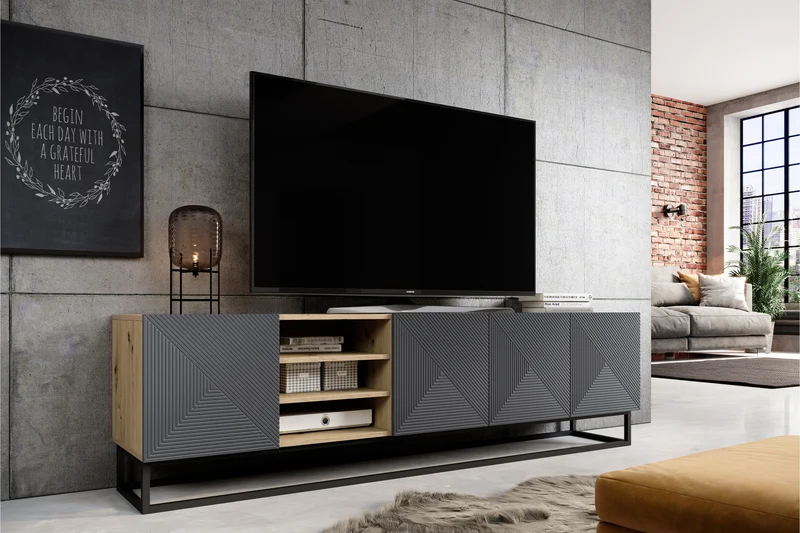 Mobile TV 4 ante in legno laminato con piede in metallo Asha 200x56 cm