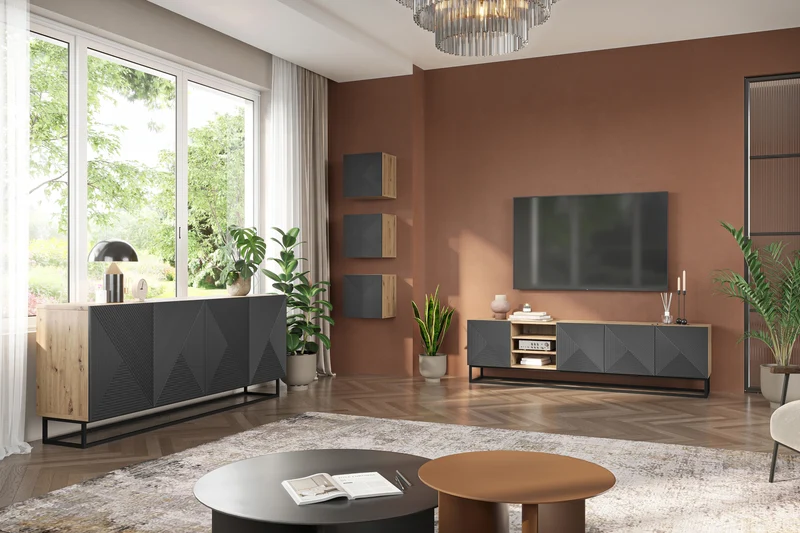 Mobile TV 4 ante in legno laminato con piede in metallo Asha 200x56 cm